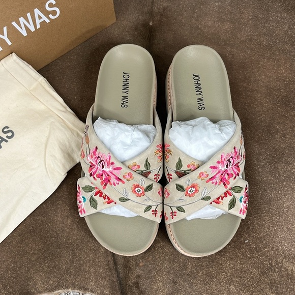 Johnny Was Jenna X Band Sandal Sueded Flatform Embroidered Slides - Picture 3 of 9